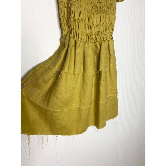 SIR. THE LABEL Mariele One Sleeve Smocked Bust Mustard Linen Mini Dress US SMALL - Picture 13 of 16